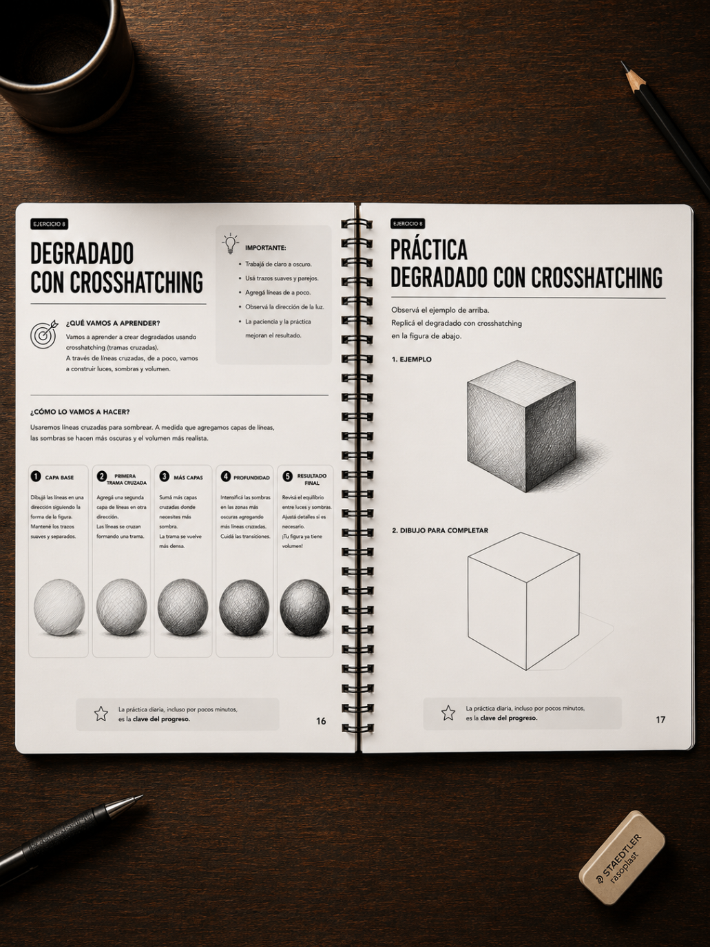 Libro abierto con práctica de degradado con crosshatching