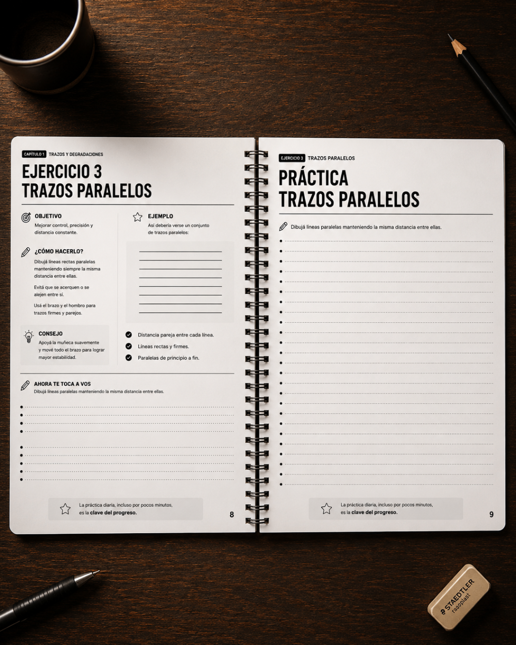Libro abierto con práctica de trazos paralelos